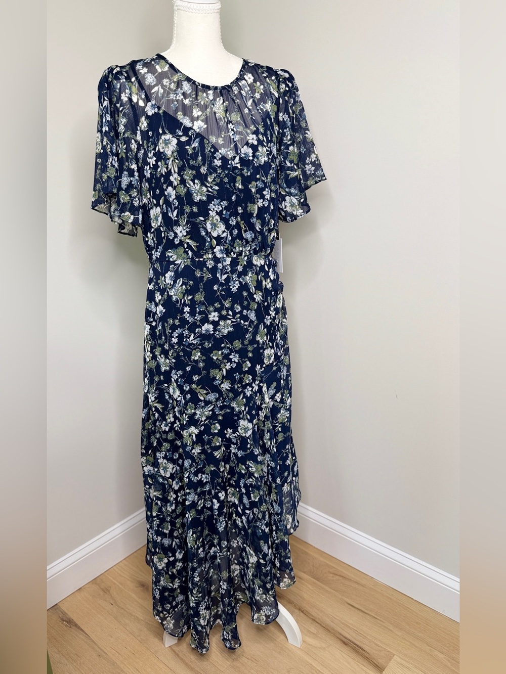 NWT ASTR the Label Flutter Sleeve Maxi Dress Blue Green Floral Size L - Picture 4 of 12